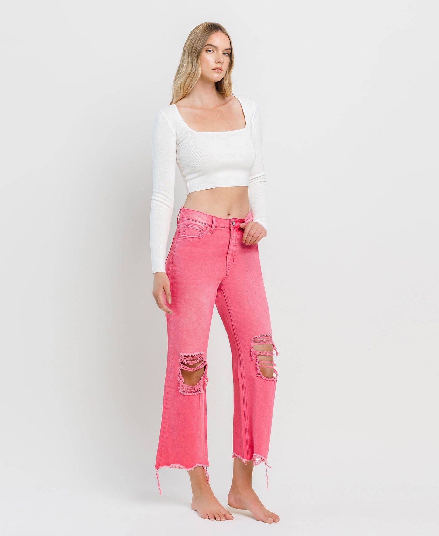 90'S VINTAGE SUPER HIGH RISE CROP FLARE JEANS V2736HP: HOT PINK / 32