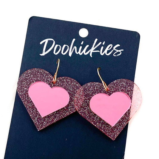 Glitter 3-D Hearts -Valentine Acrylic Earrings: Pink