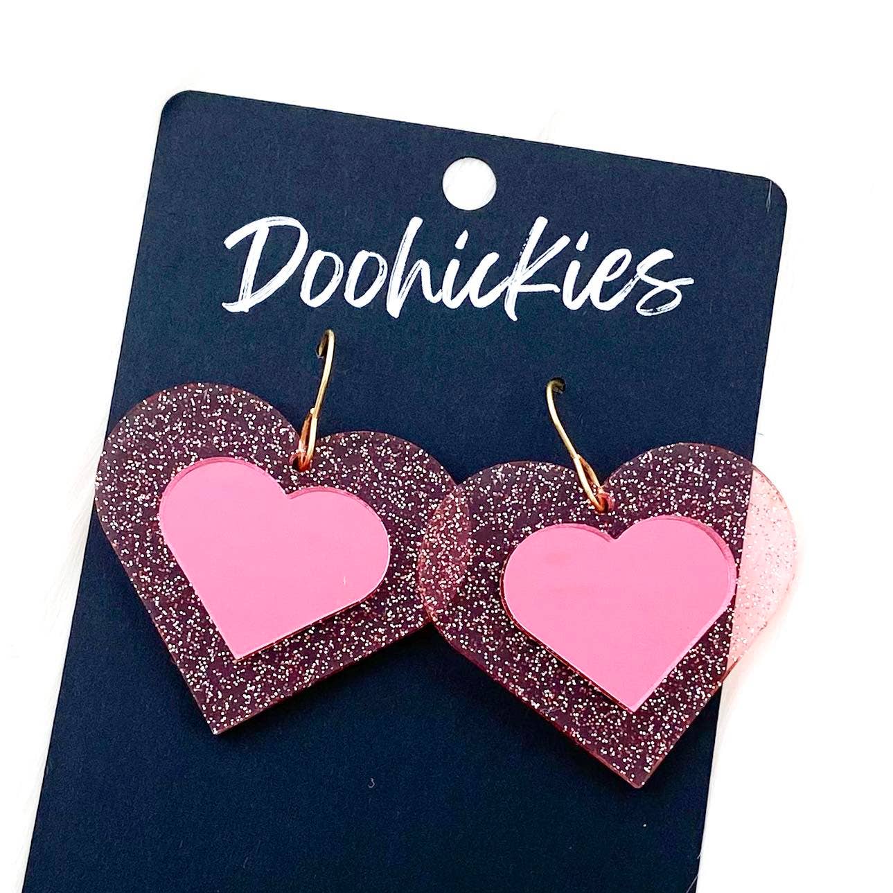 Glitter 3-D Hearts -Valentine Acrylic Earrings: Red