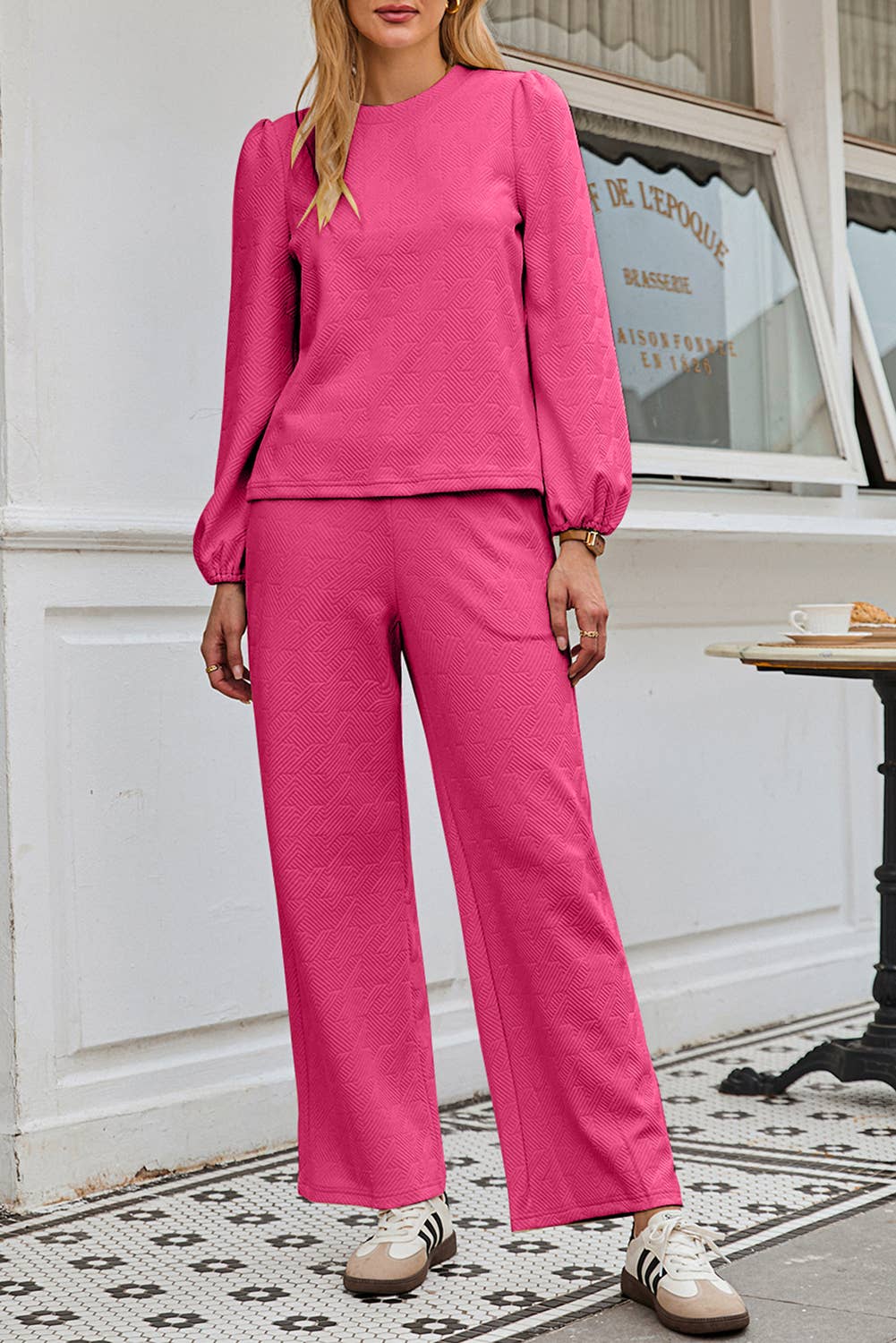 Women Textured Long Sleeve Top and Pants Set  Pink