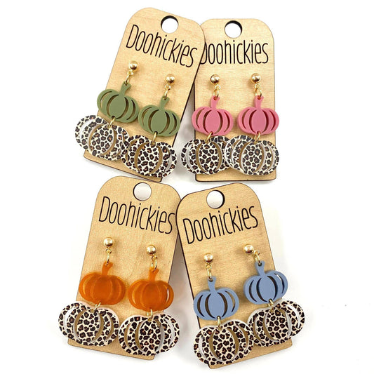 Fall Double Leopard Pumpkin Dangles - Fall Acrylic Earrings: Olive