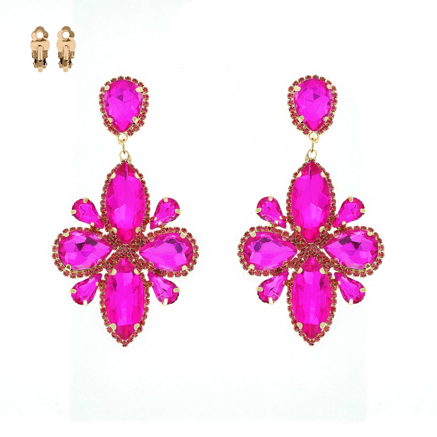 Statement Large Crystal Flower Clip On Earrings: Gold Iridescent ecy11670 gab