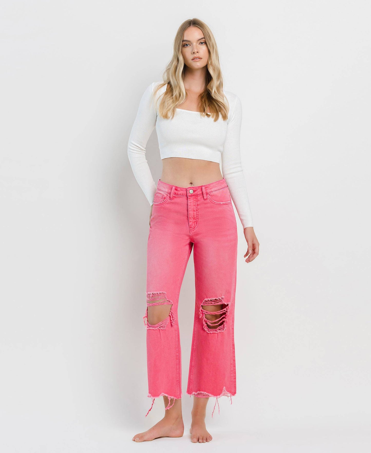 90'S VINTAGE SUPER HIGH RISE CROP FLARE JEANS V2736HP: HOT PINK / 32