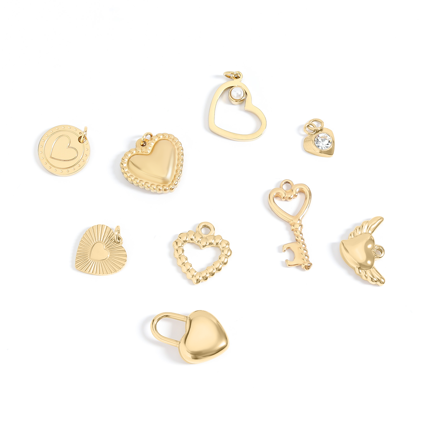 18K Gold PVD Stainless Steel Heart Charm Set: Gold