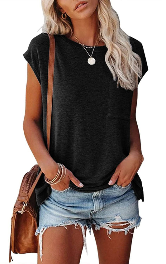 Short Cap Sleeve Shirts Solid Loose Fit Tops: Black / 65%Rayon 30%Polyester 5%Spandex / 2XL