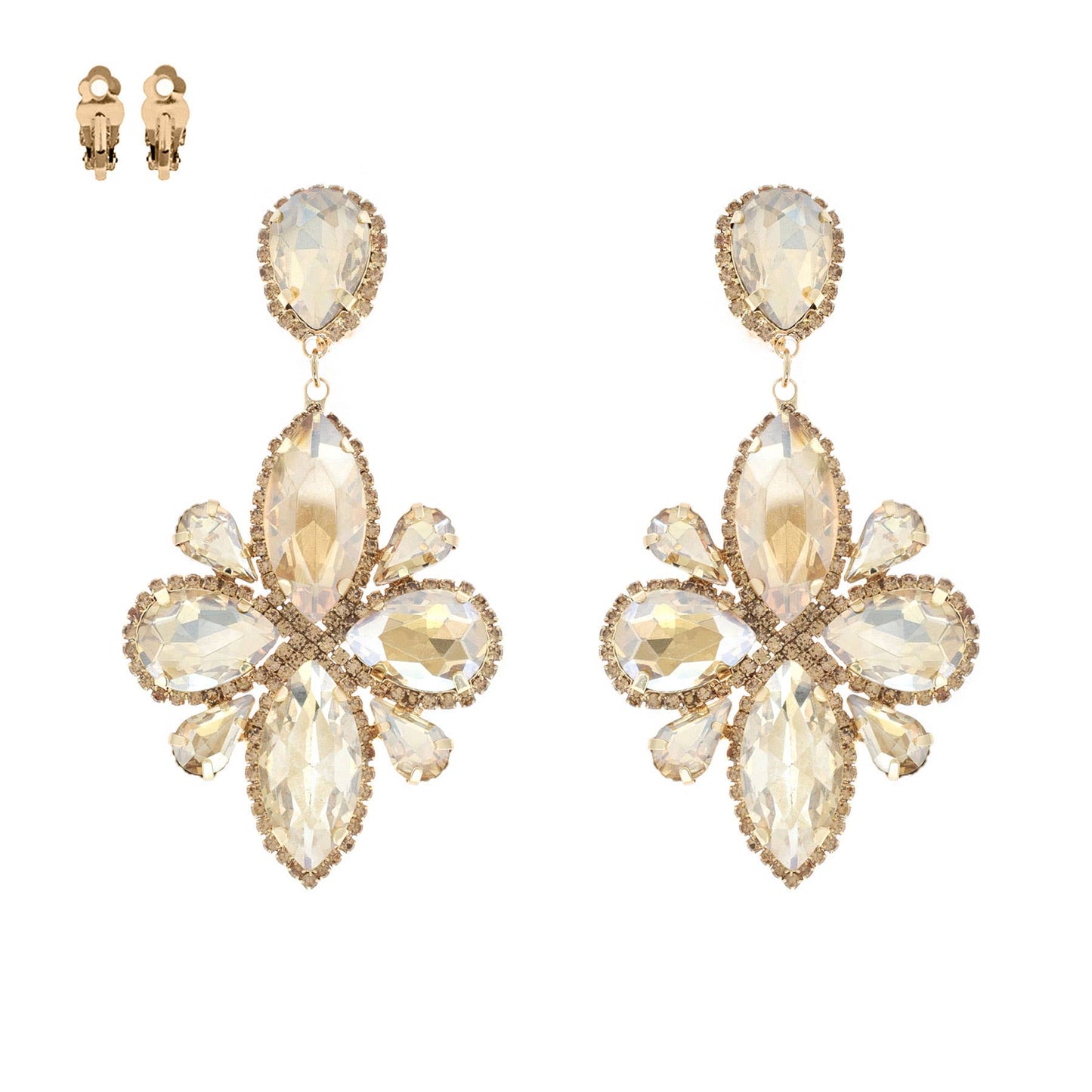 Statement Large Crystal Flower Clip On Earrings: Gold Iridescent ecy11670 gab