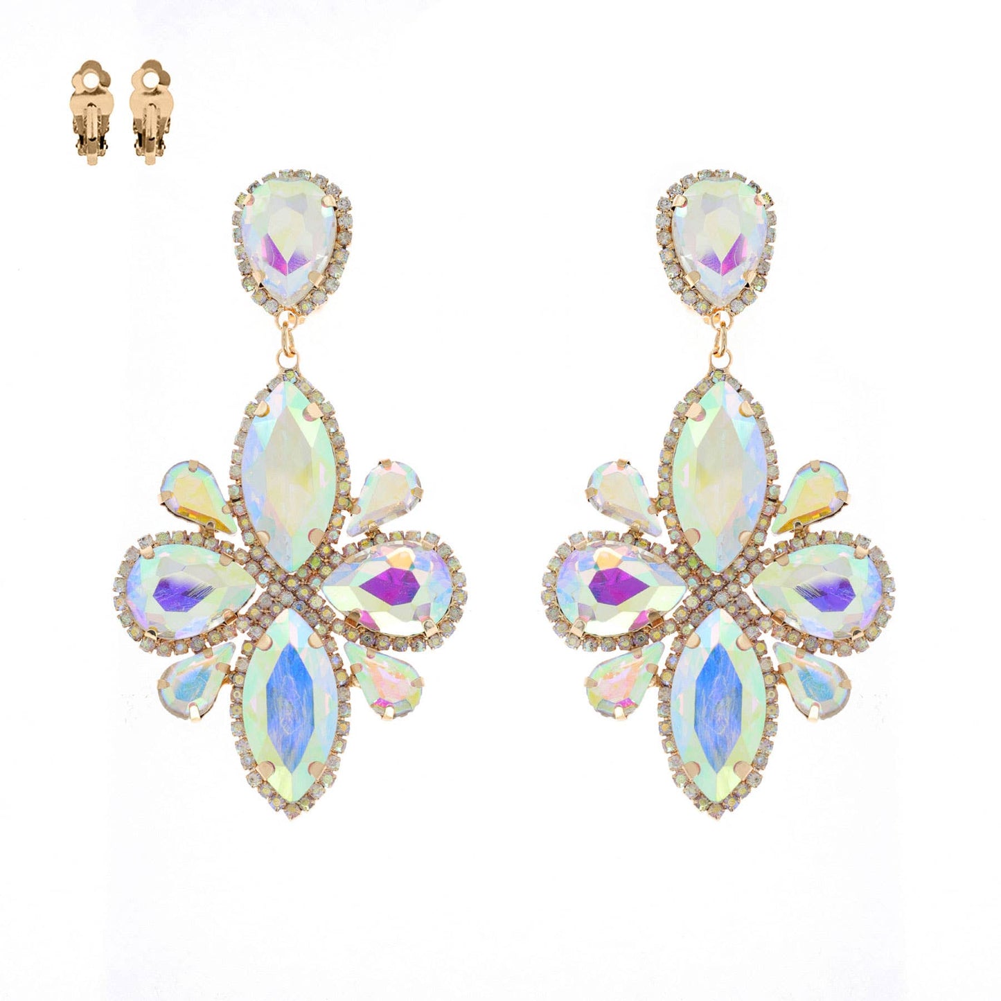 Statement Large Crystal Flower Clip On Earrings: Gold Iridescent ecy11670 gab