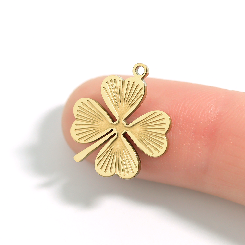 Stainless Steel Sunburst Four Leaf Clover Charm: Gold