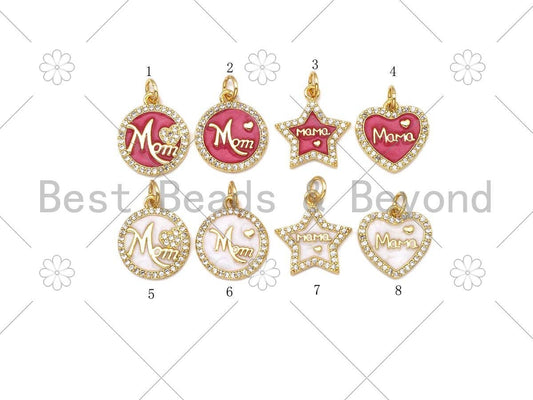 Colorful Enamel Mom Word On Round/Five Star/Heart Shape Pendant, 18K Gold Filled Micro Pave CZ Charm,Mother's Day Charm,14x17mm,Sku#L585: 6 White Round