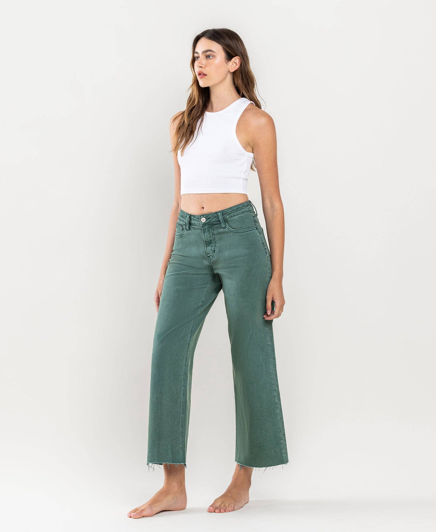 HIGH RISE CROP WIDE LEG JEANS the Leslie by vervet in MALLARD GREEN / 32