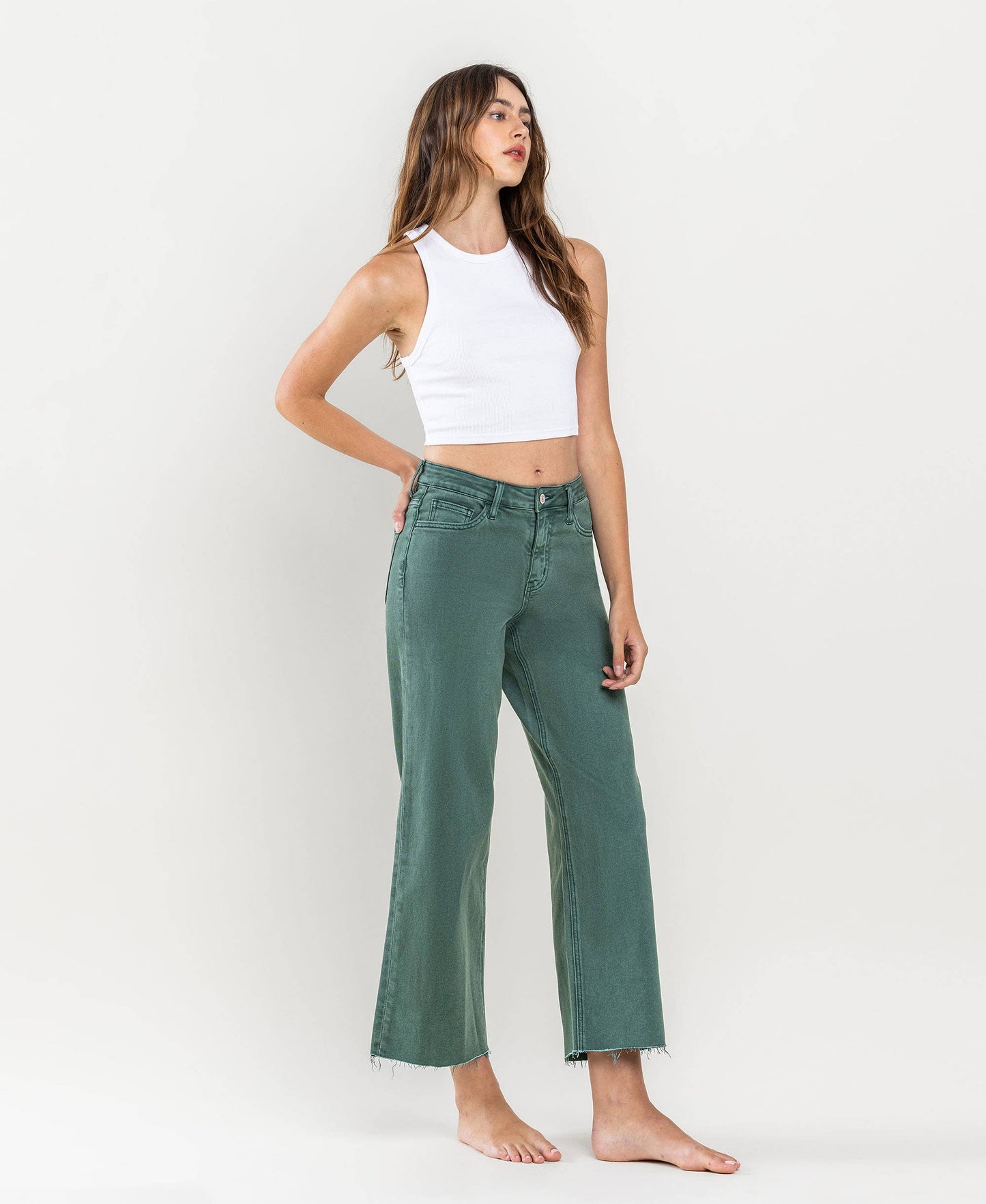 HIGH RISE CROP WIDE LEG JEANS the Leslie by vervet in MALLARD GREEN / 32