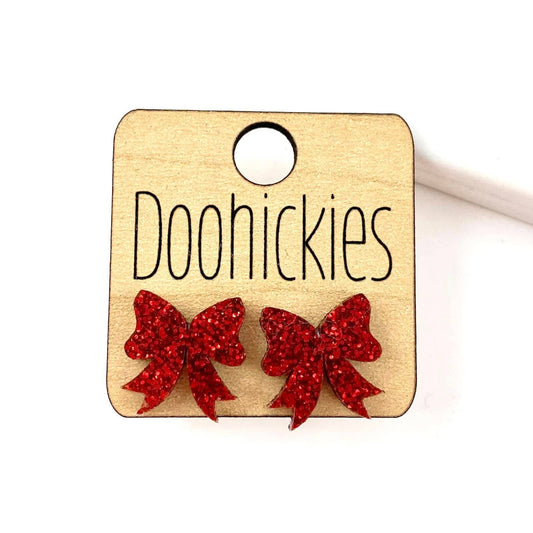 15mm Lovey Acrylic Bow Studs - Valentines Earrings: Red Glitter