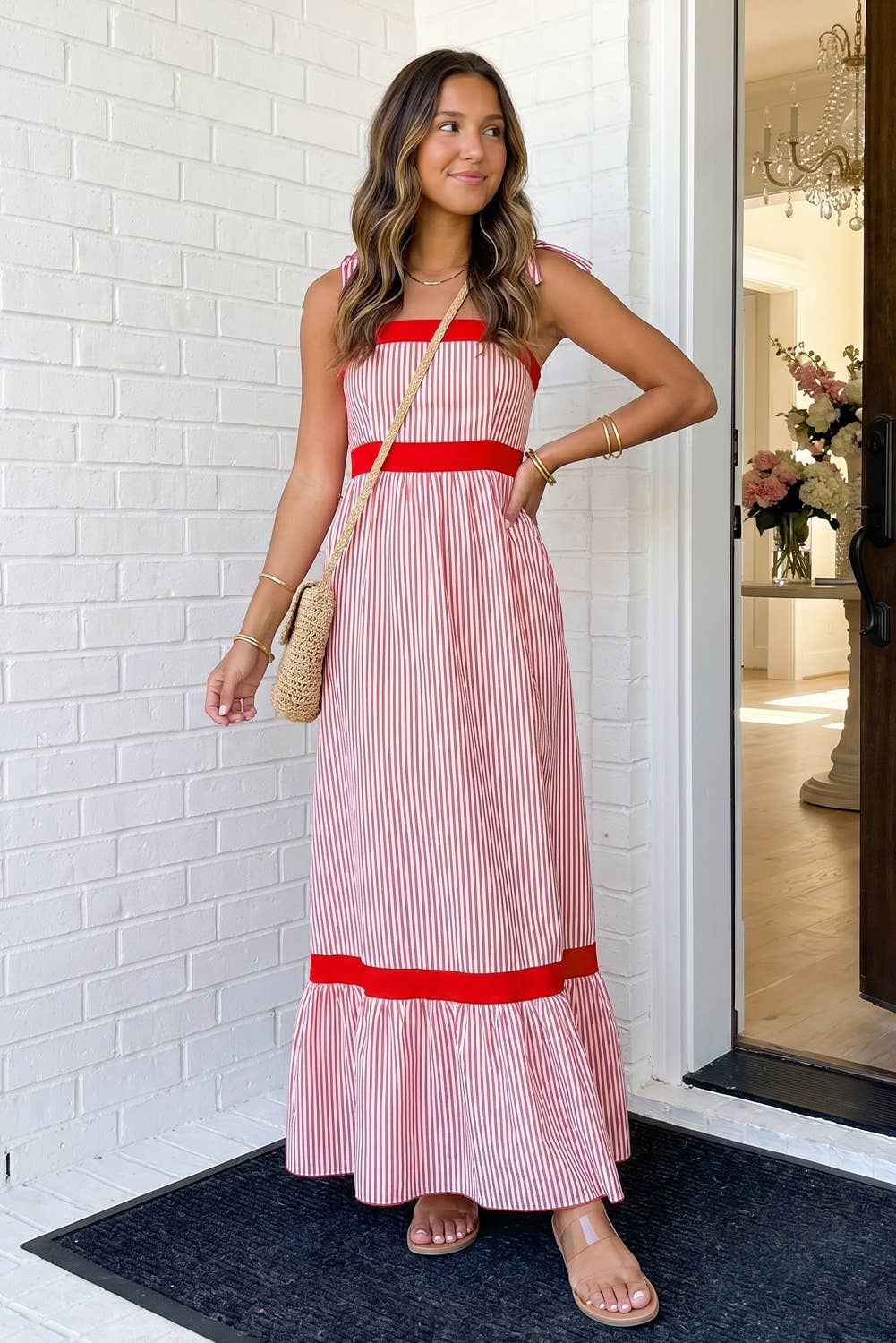 LAS Stripe Bow Knot Straps Ruffle Hem Maxi Dress (S-XL): Red Stripe / Missy / L