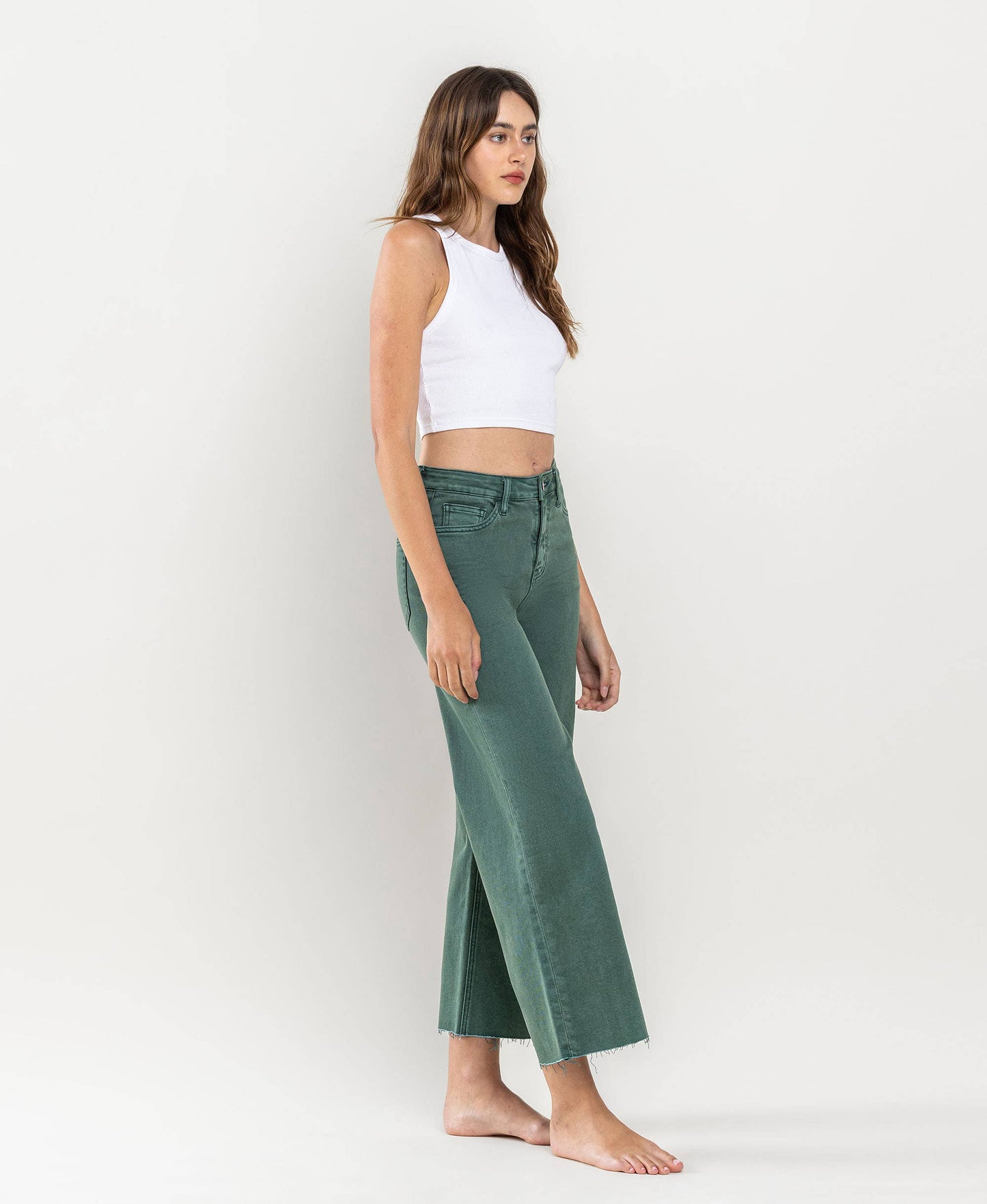 HIGH RISE CROP WIDE LEG JEANS the Leslie by vervet in MALLARD GREEN / 32