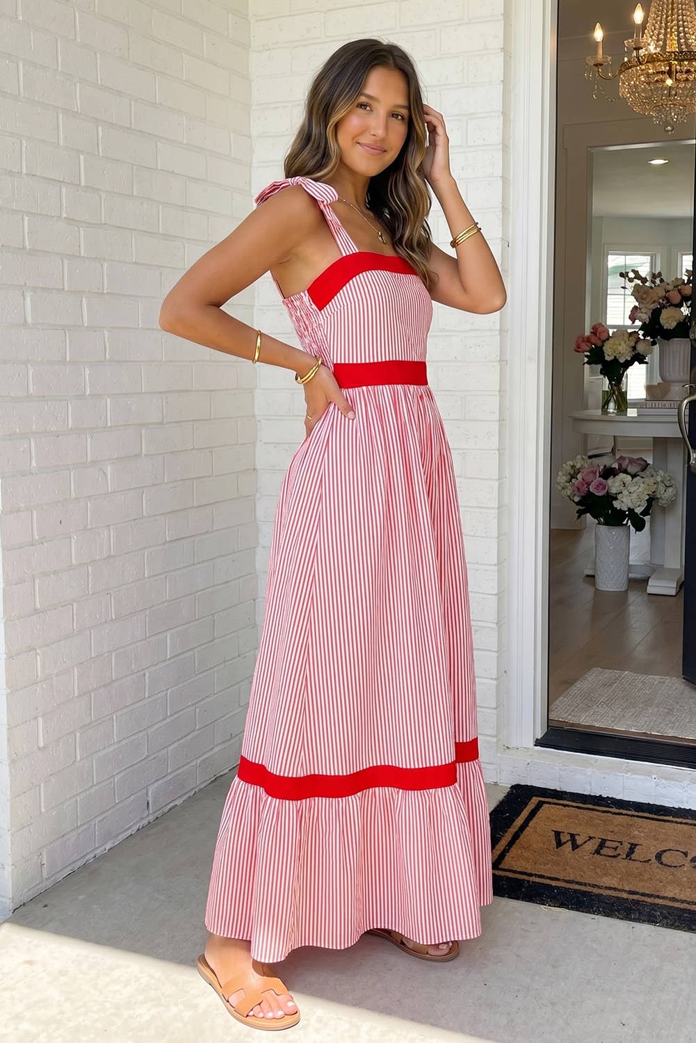 LAS Stripe Bow Knot Straps Ruffle Hem Maxi Dress (S-XL): Red Stripe / Missy / XL