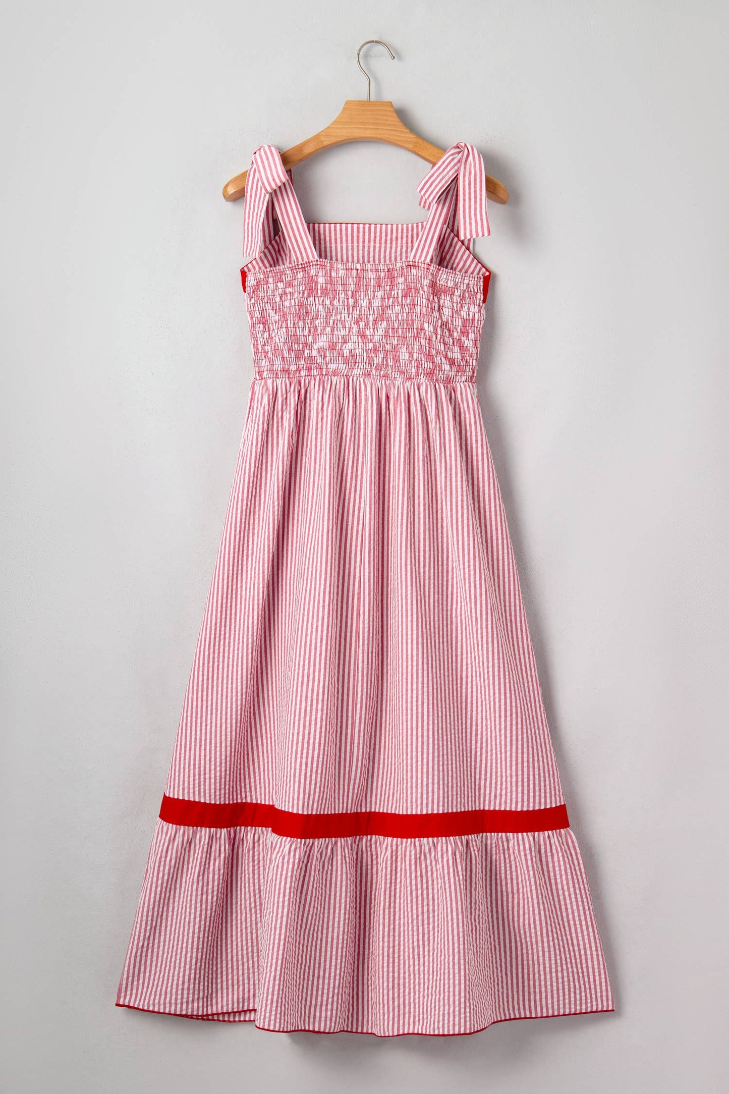 LAS Stripe Bow Knot Straps Ruffle Hem Maxi Dress (S-XL): Red Stripe / Missy / L