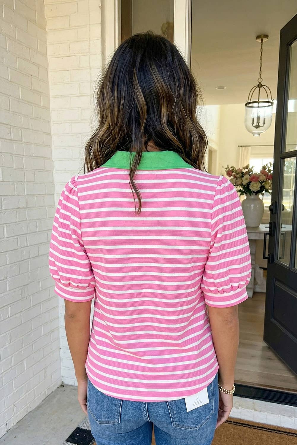 LAS Stripe Color Block Polo Collar Blouse (S-XL): Blue Stripe / Missy / XL