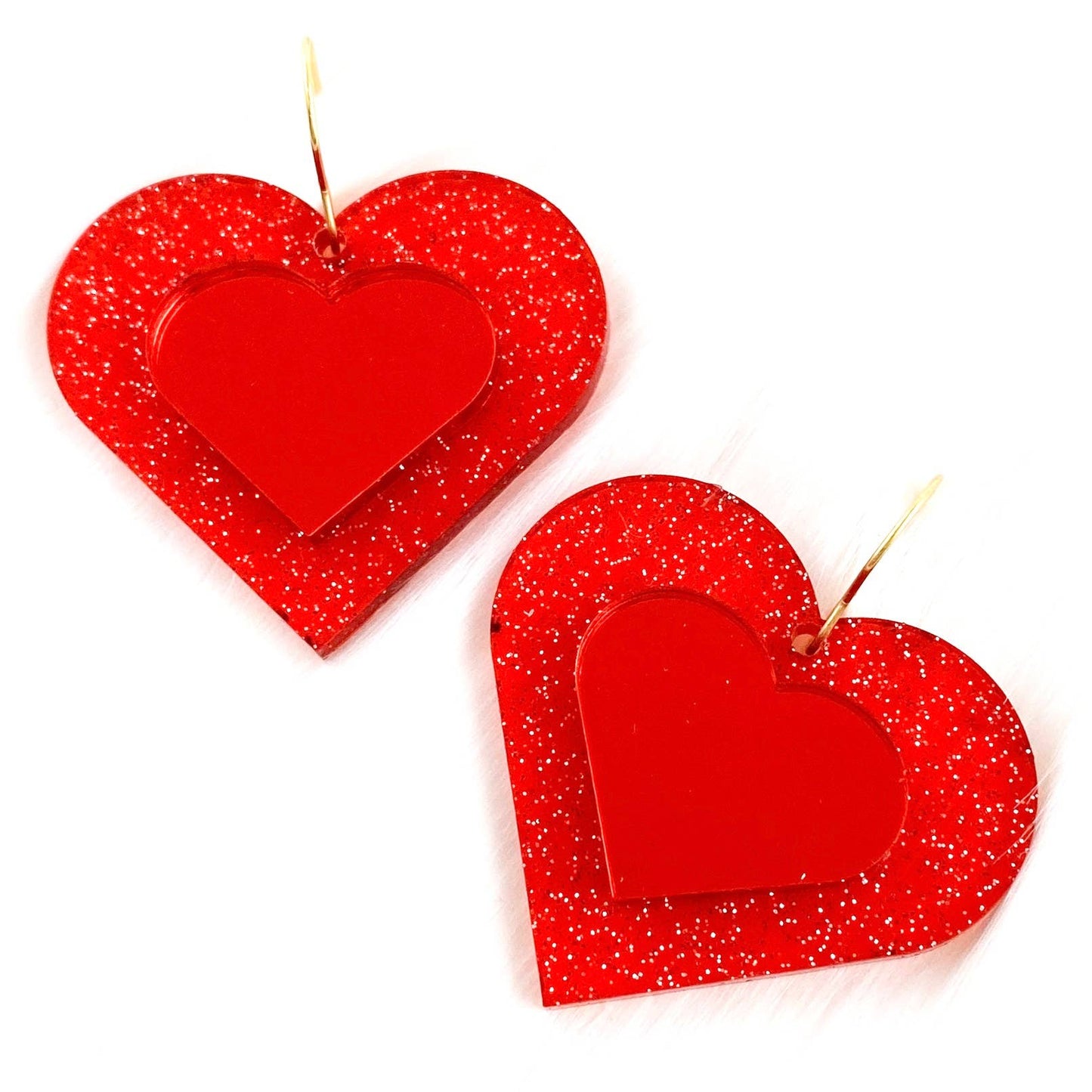 Glitter 3-D Hearts -Valentine Acrylic Earrings: Red