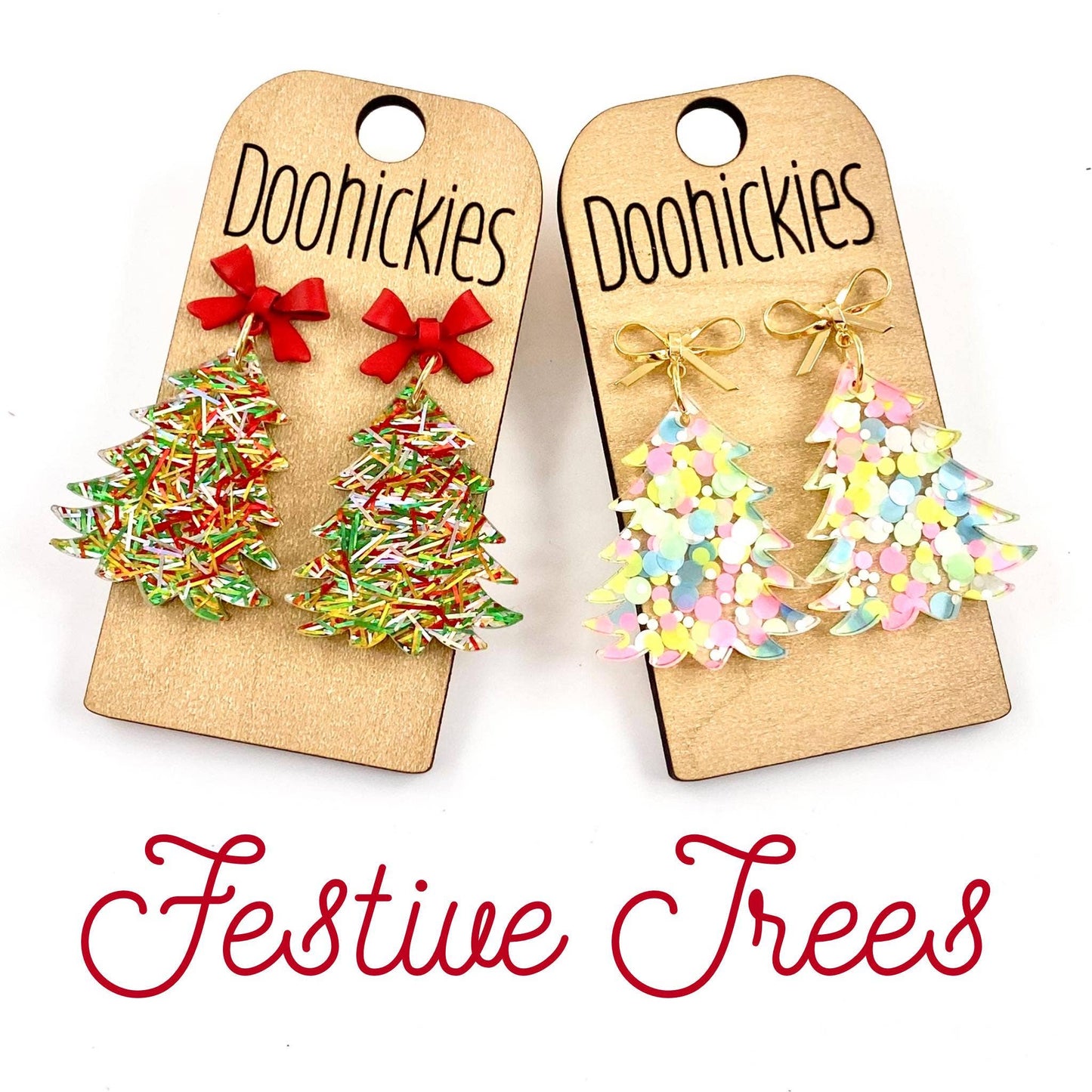 2" Festive Trees - Christmas Acrylic Earrings: Gold Confetti