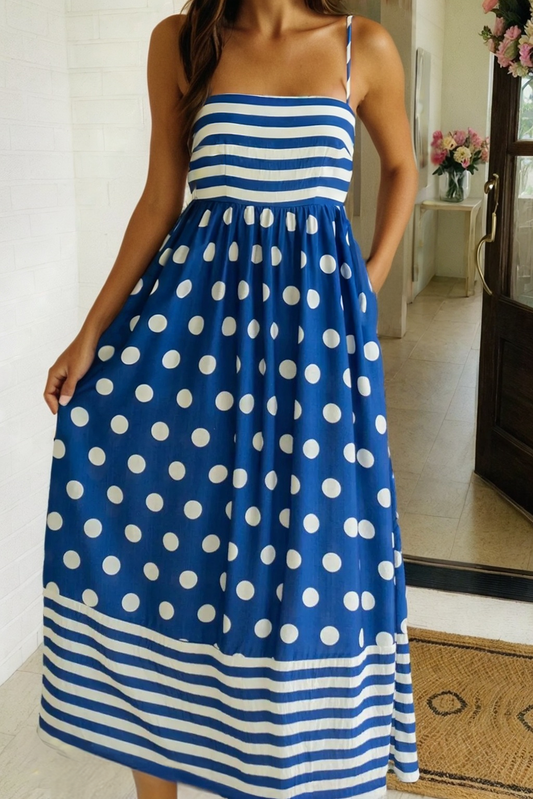 LAS Striped Polka Dot Spaghetti Straps Maxi Dress