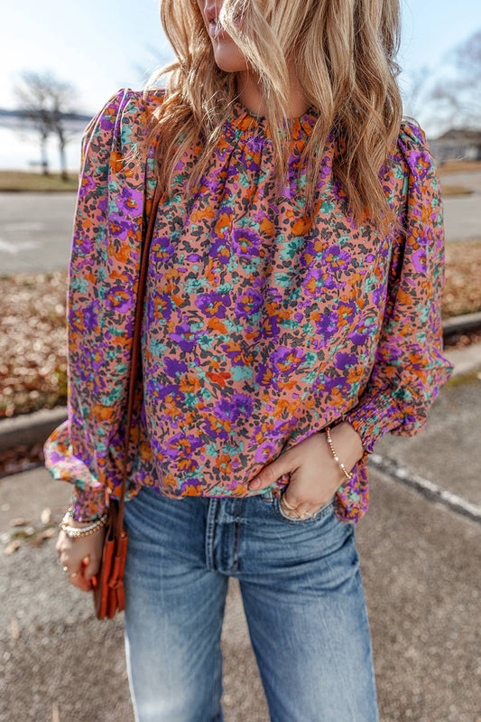 Sassy Floral Print Shirred Frilled Neck  Blouse | S-XL