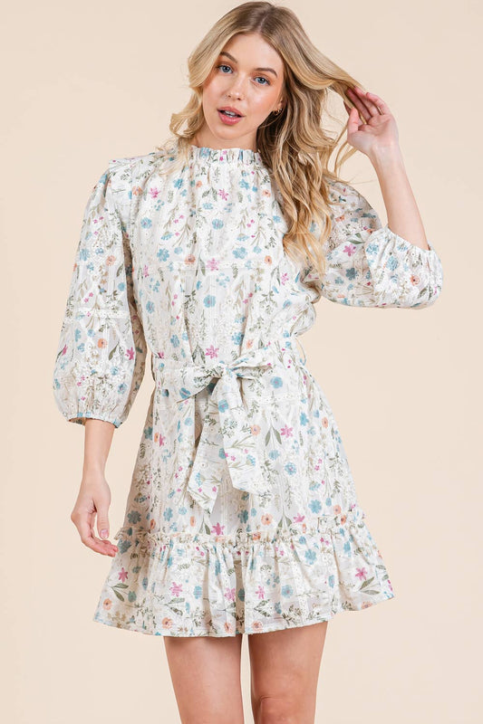 Elisa Floral Eyelet Lace Belted Mini DressIvory Multi