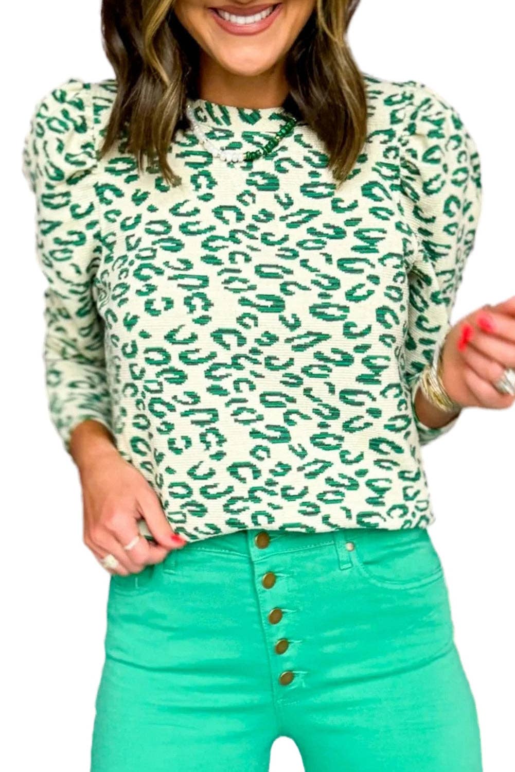 Leopard Mock Neck Puff Sleeve Top: Blackish Green