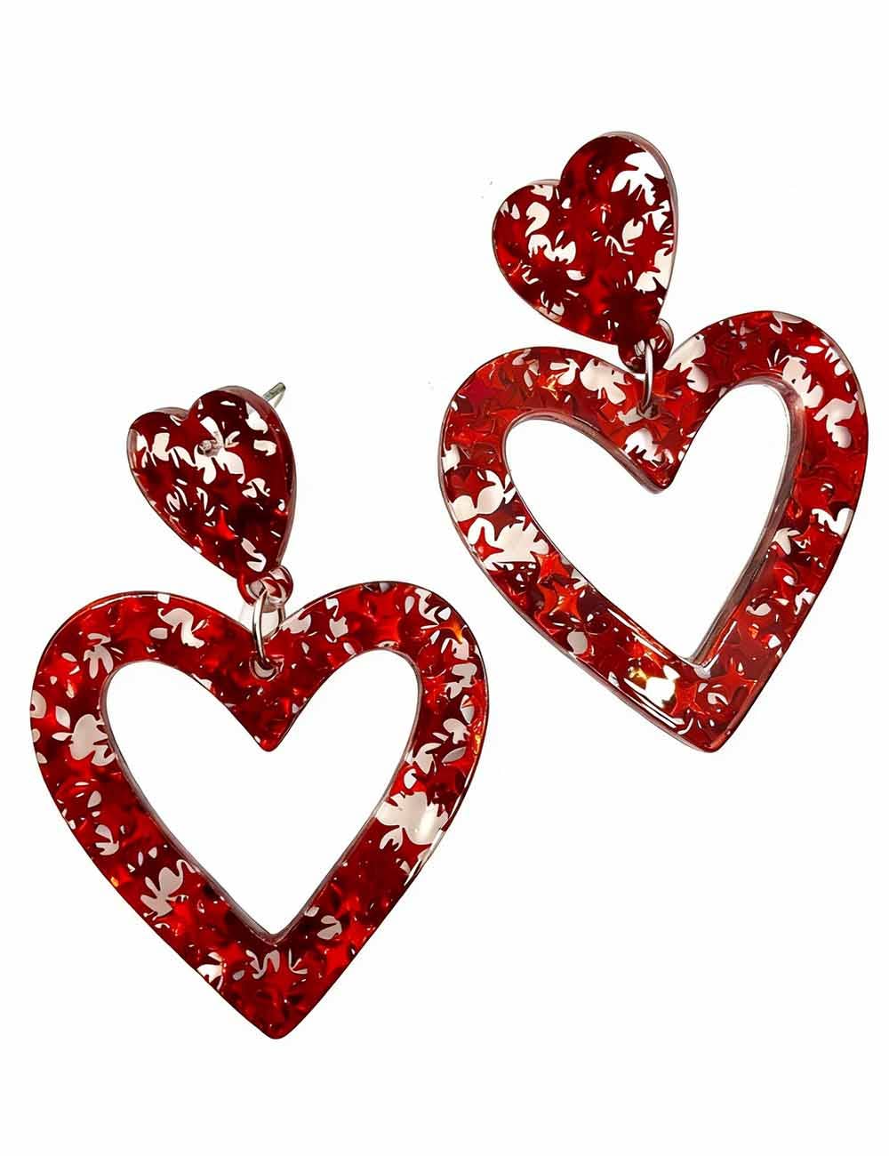 Ladies Valentine's Acrylic Double Heart Hollow Pendant Earrings: Red / One Size