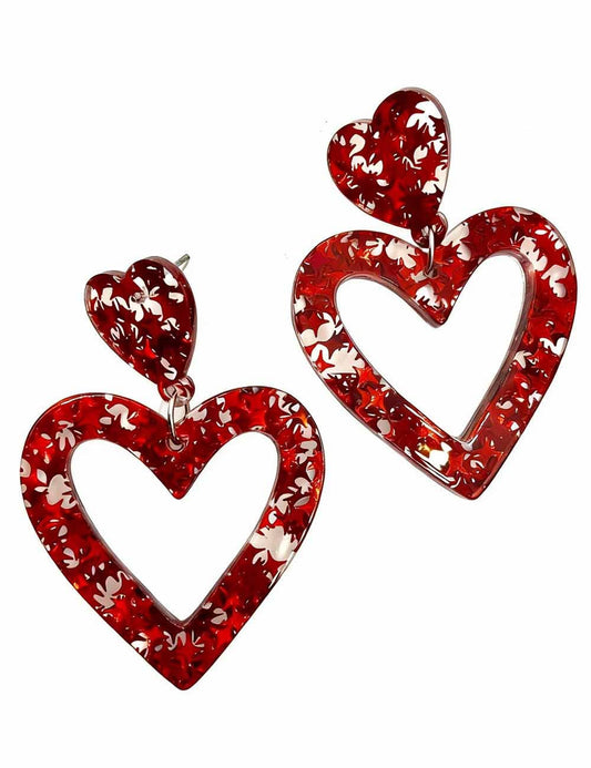 Ladies Valentine's Acrylic Double Heart Hollow Pendant Earrings: Red / One Size