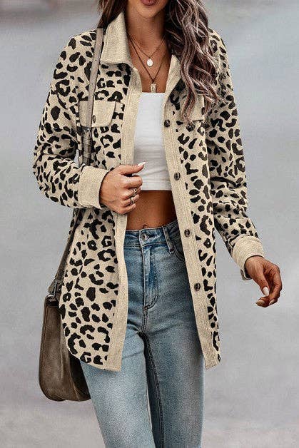 Jessie Button Down Long Sleeves Leopard Pocket Jacket in beige