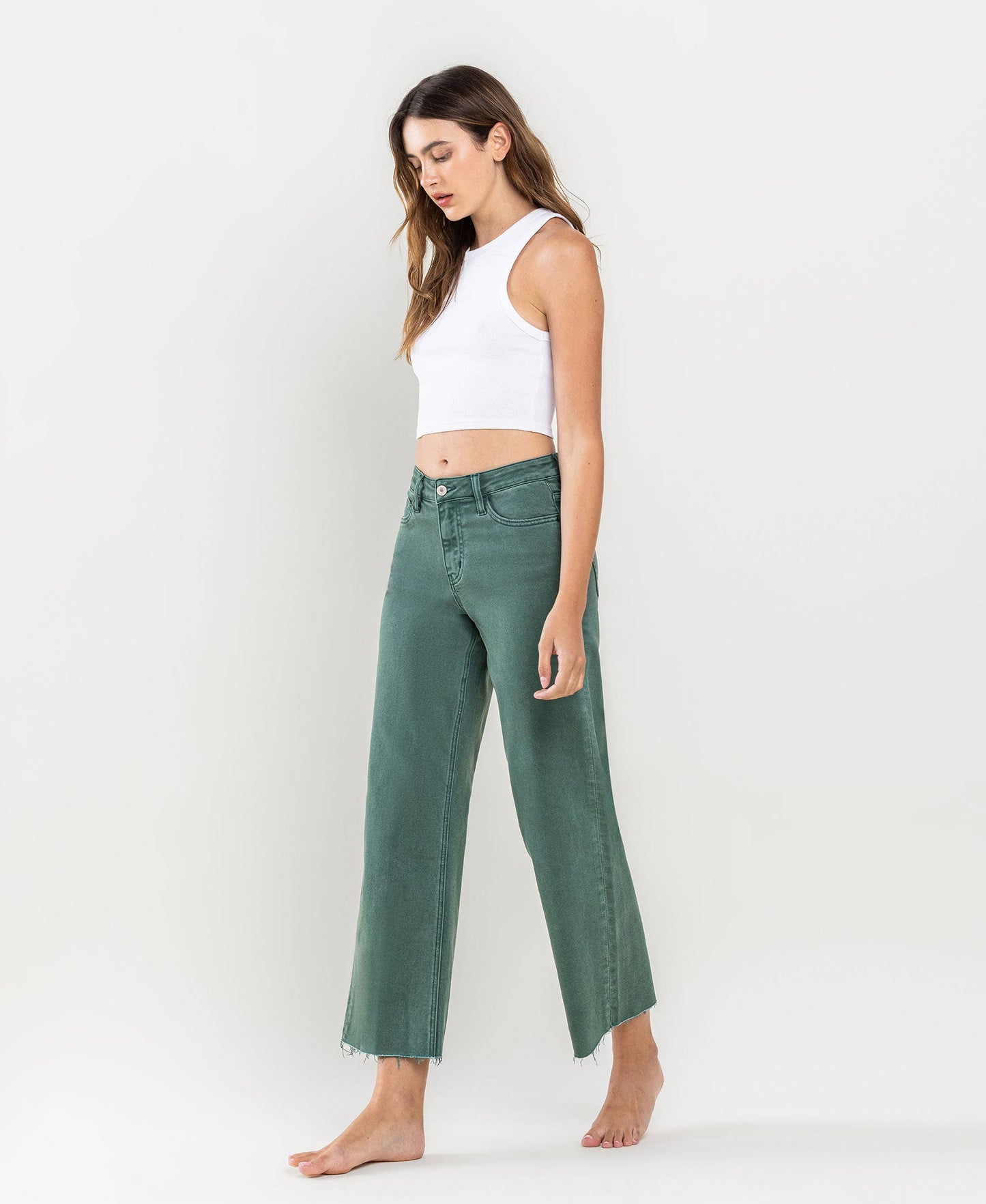 HIGH RISE CROP WIDE LEG JEANS the Leslie by vervet in MALLARD GREEN / 32