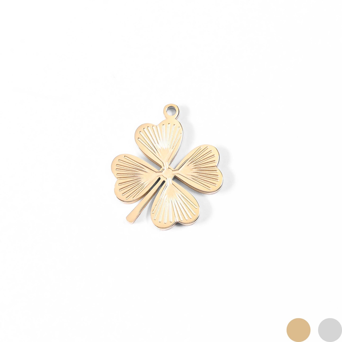 Stainless Steel Sunburst Four Leaf Clover Charm: Gold