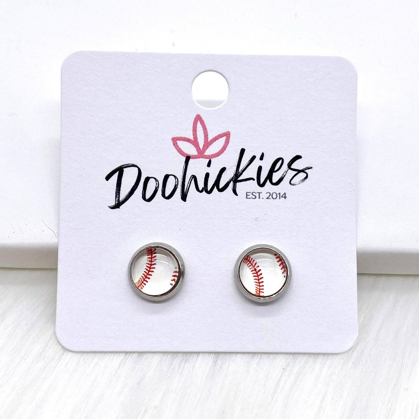 Vintage Baseball in Stainless Steel Settings -Sports Earring: 8mm