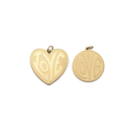 Matt Gold Silver Love Heart Round Coin Charm, Sku#LX260: Gold / Heart