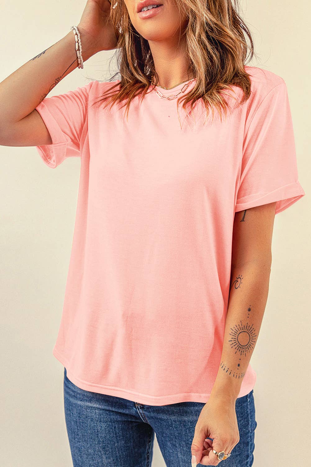 LDC Casual Plain Crew Neck Tee: Rose Red / XL