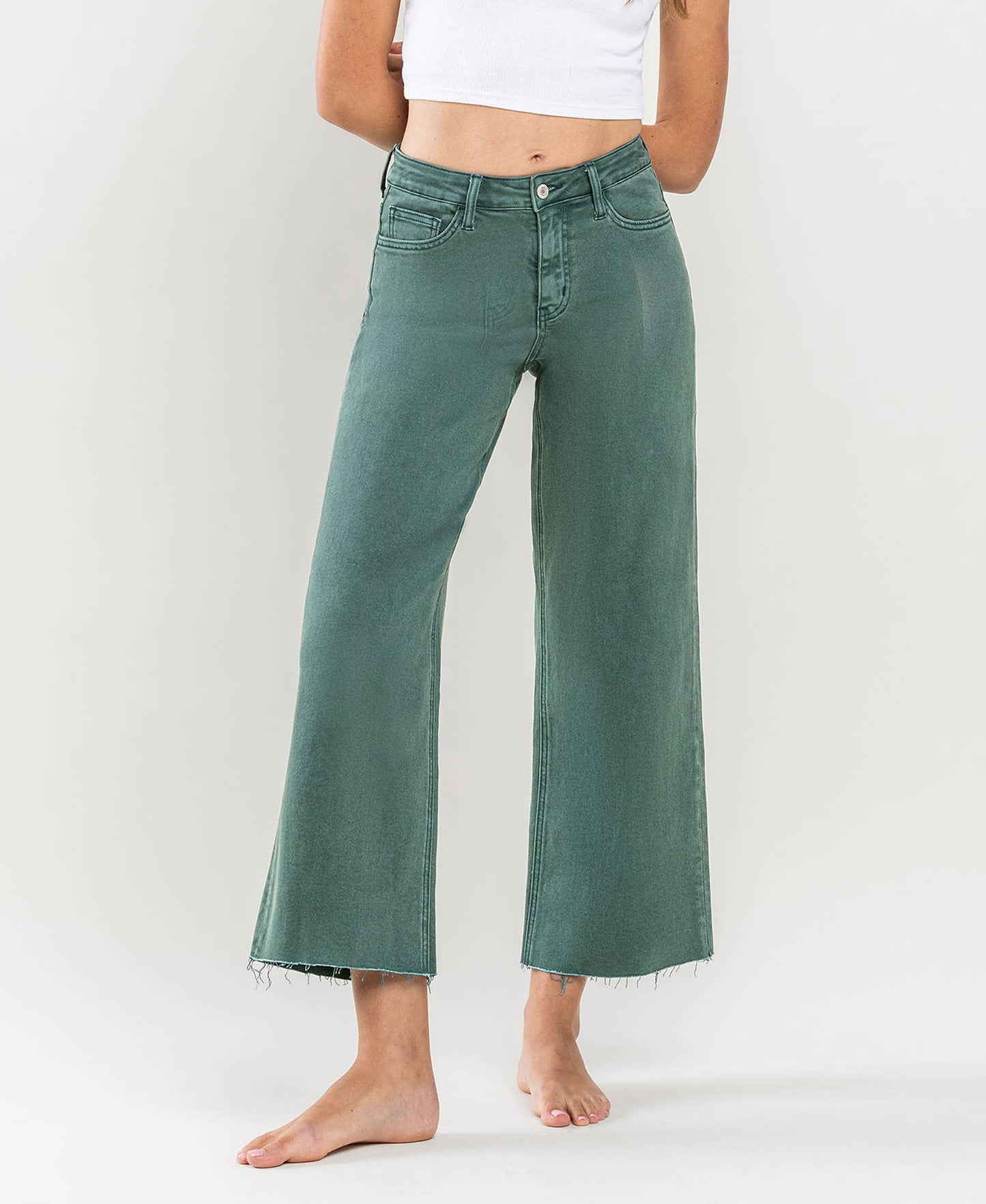 HIGH RISE CROP WIDE LEG JEANS the Leslie by vervet in MALLARD GREEN / 32