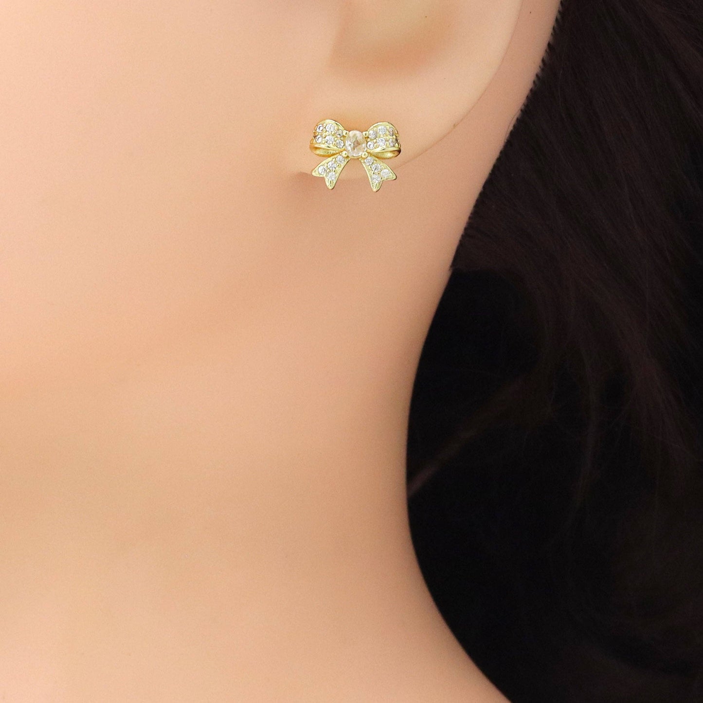 Clear CZ Gold Puffy Bowknot Stud Earring, Sku#LK964