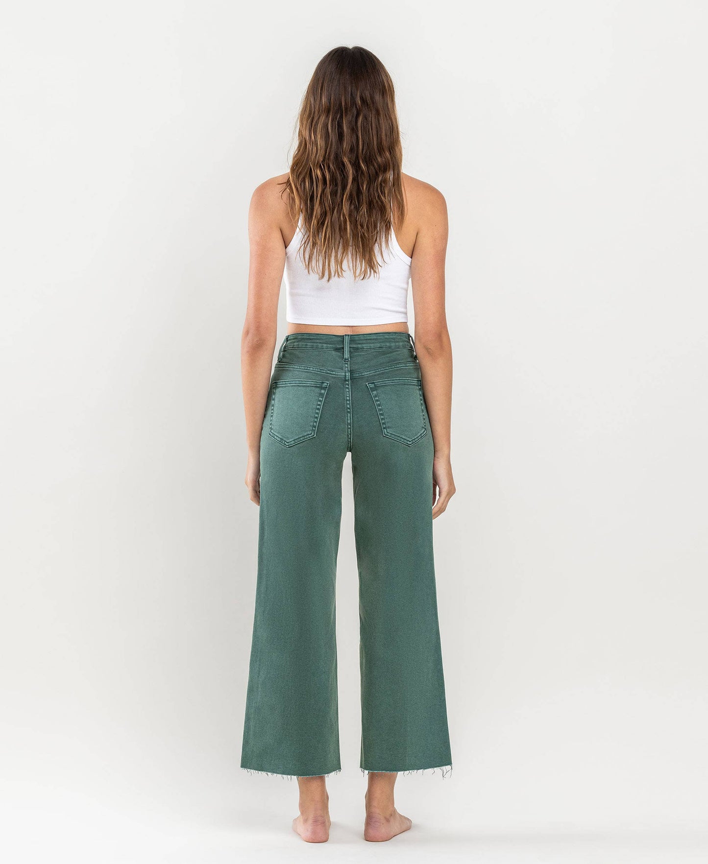 HIGH RISE CROP WIDE LEG JEANS the Leslie by vervet in MALLARD GREEN / 32