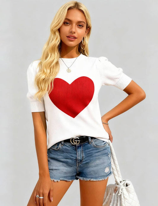 Cupid's pick Valentine's Rib Knit Heart Short Sleeves Sweater: White