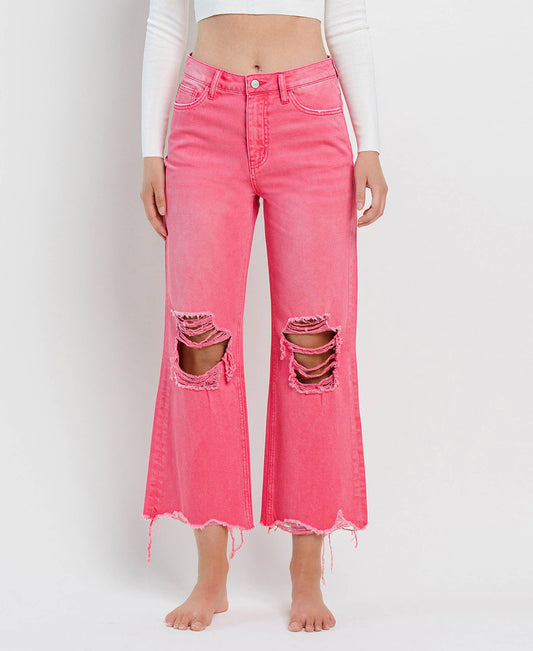 90'S VINTAGE SUPER HIGH RISE CROP FLARE JEANS V2736HP: HOT PINK / 30