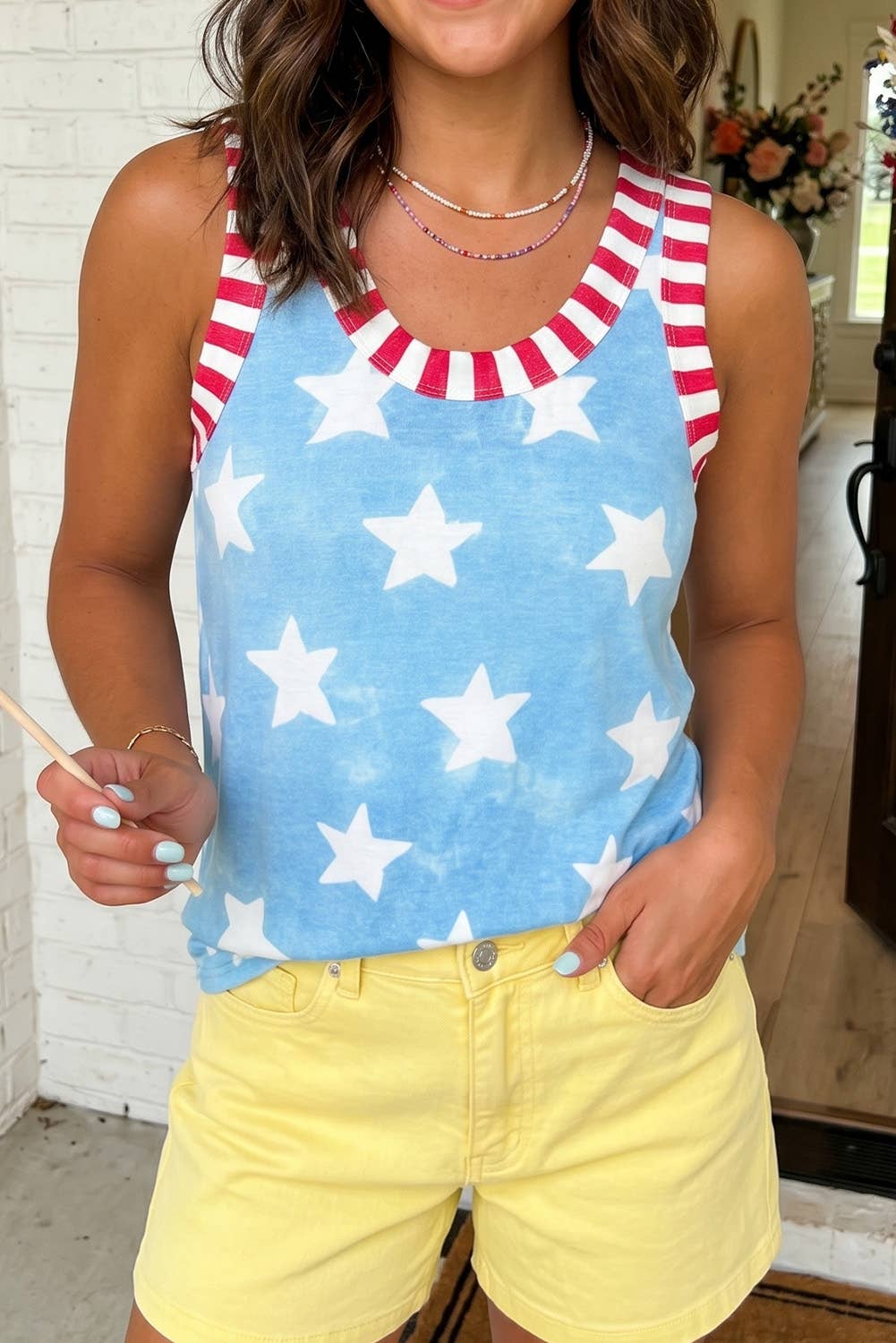 LAS Dye Star Print Striped Trim Casual Tank Top (S-XL): Sky Blue / Missy / L