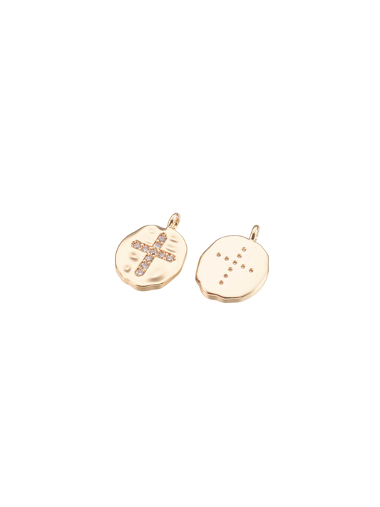 Gold Hammered Disc Embellished Cross Charm