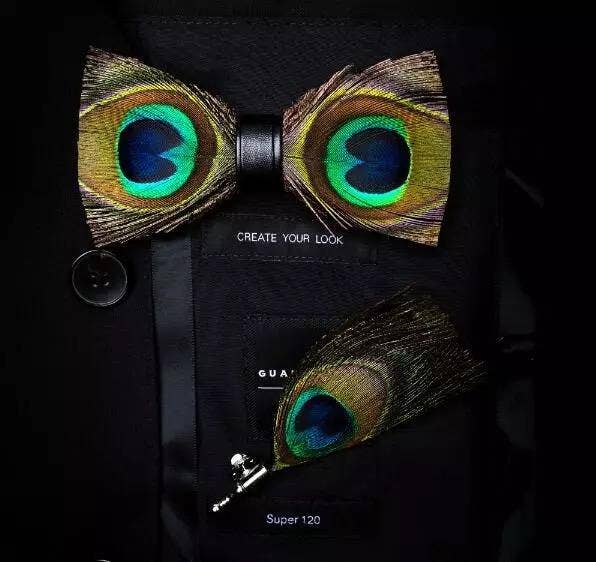 Handmade Peacock Feather Bow Tie W/free Lapel Pin Set