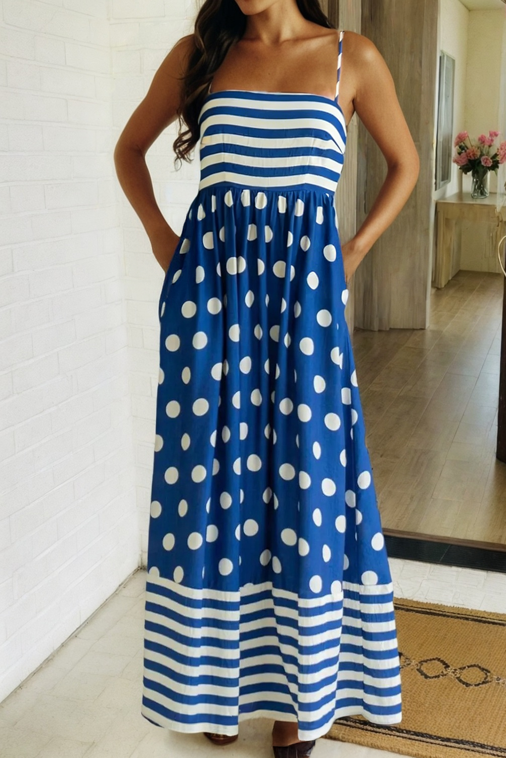 LAS Striped Polka Dot Spaghetti Straps Maxi Dress