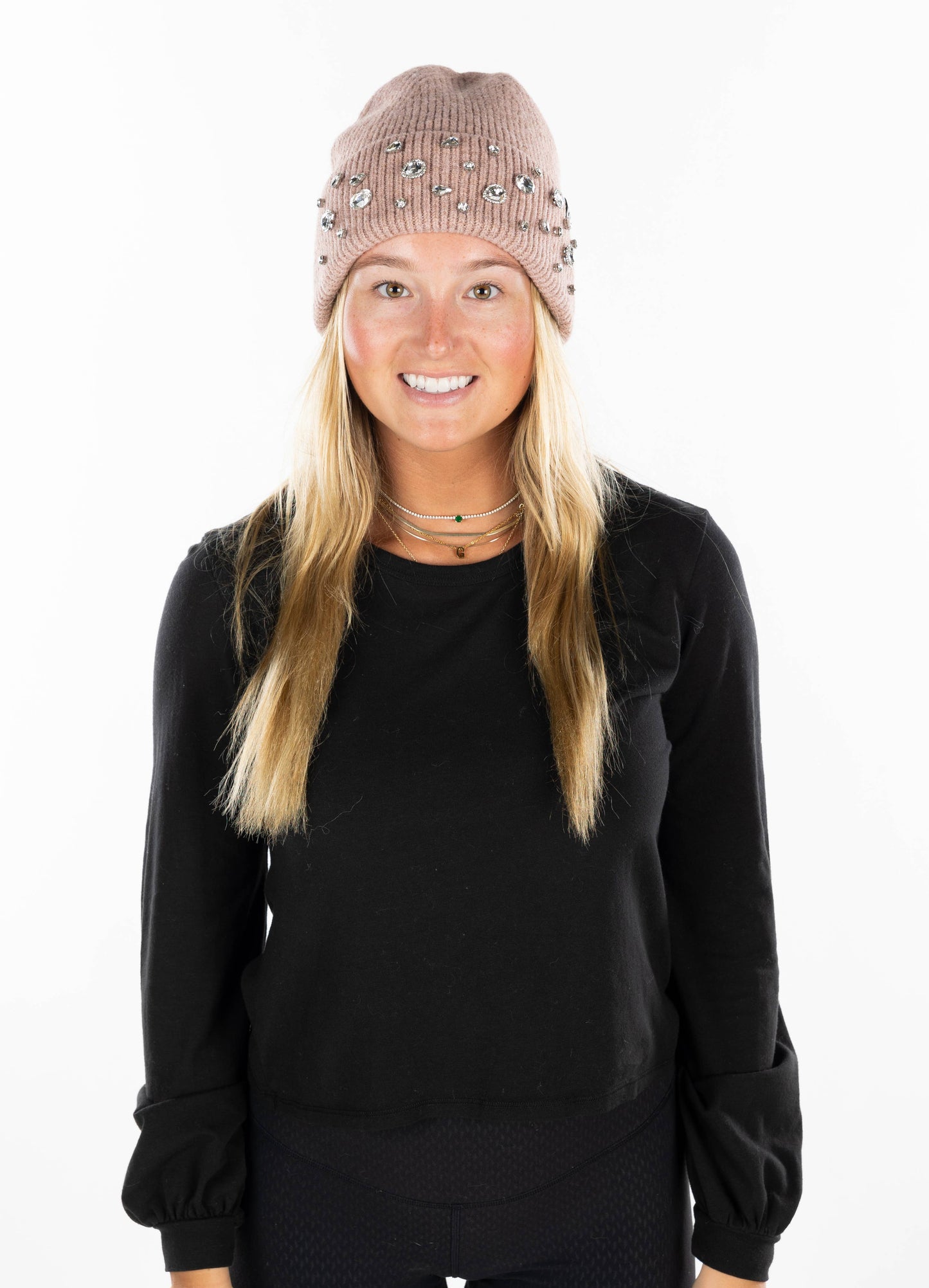 Sparkle Embellished Beanie - Rhinestone Crystal - Rose