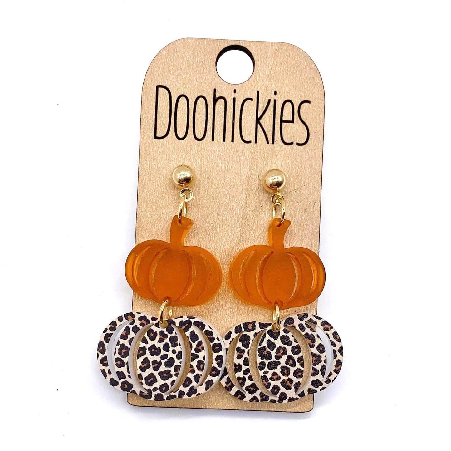 Fall Double Leopard Pumpkin Dangles - Fall Acrylic Earrings: Orange