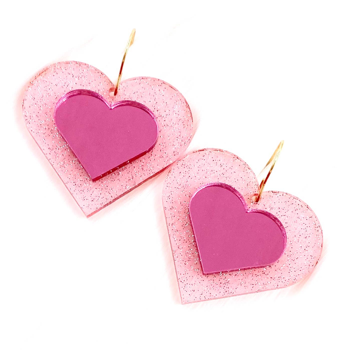 Glitter 3-D Hearts -Valentine Acrylic Earrings: Pink