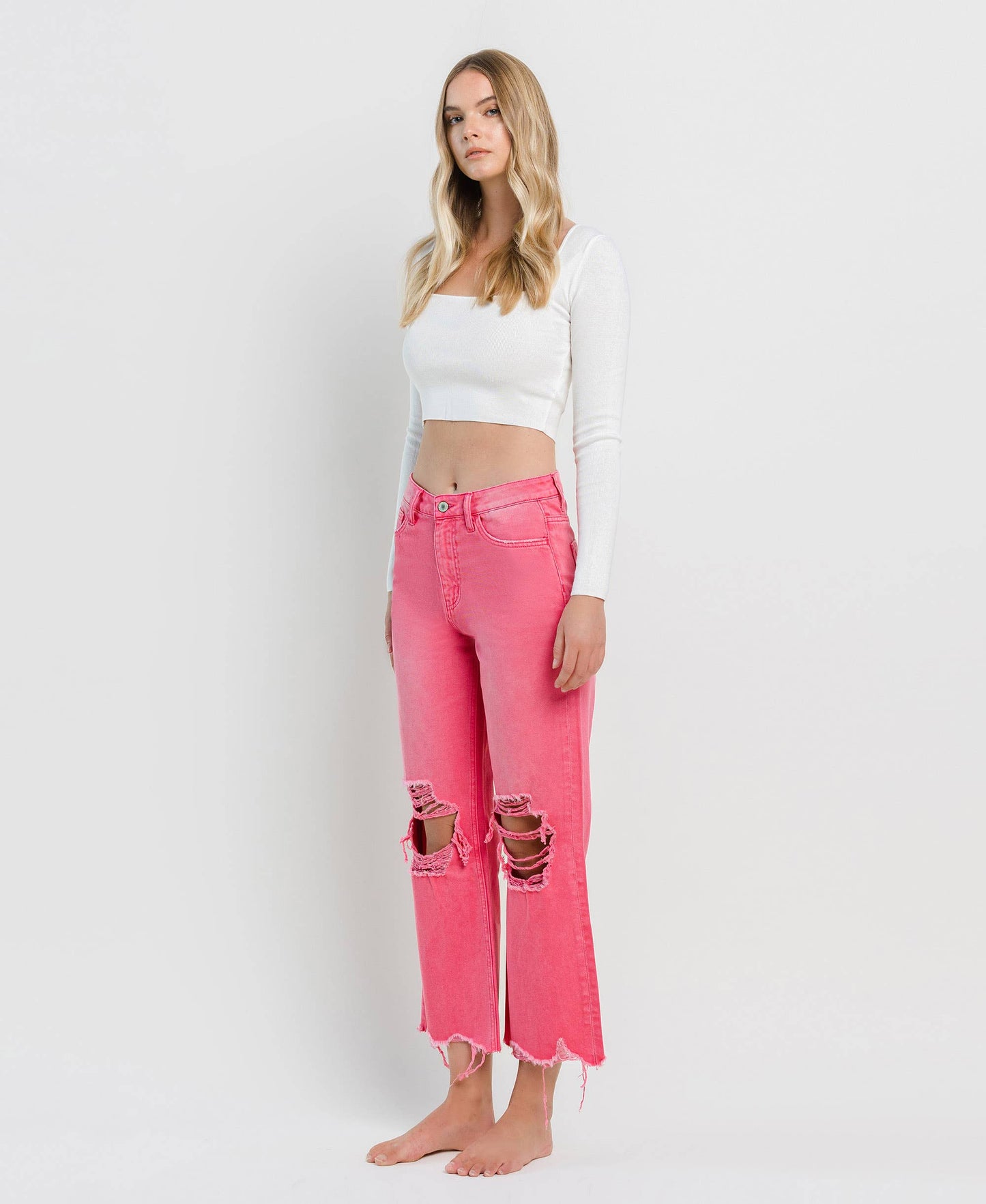 90'S VINTAGE SUPER HIGH RISE CROP FLARE JEANS V2736HP: HOT PINK / 30