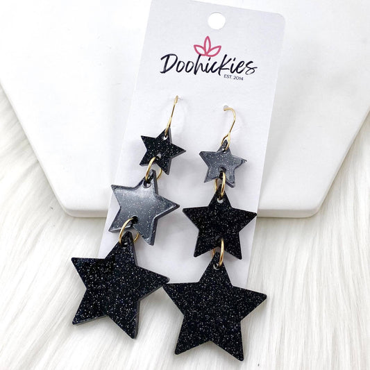 3.25" Lucky Star Waterfall Drops -New Years Acrylic Earrings: Glitter Black