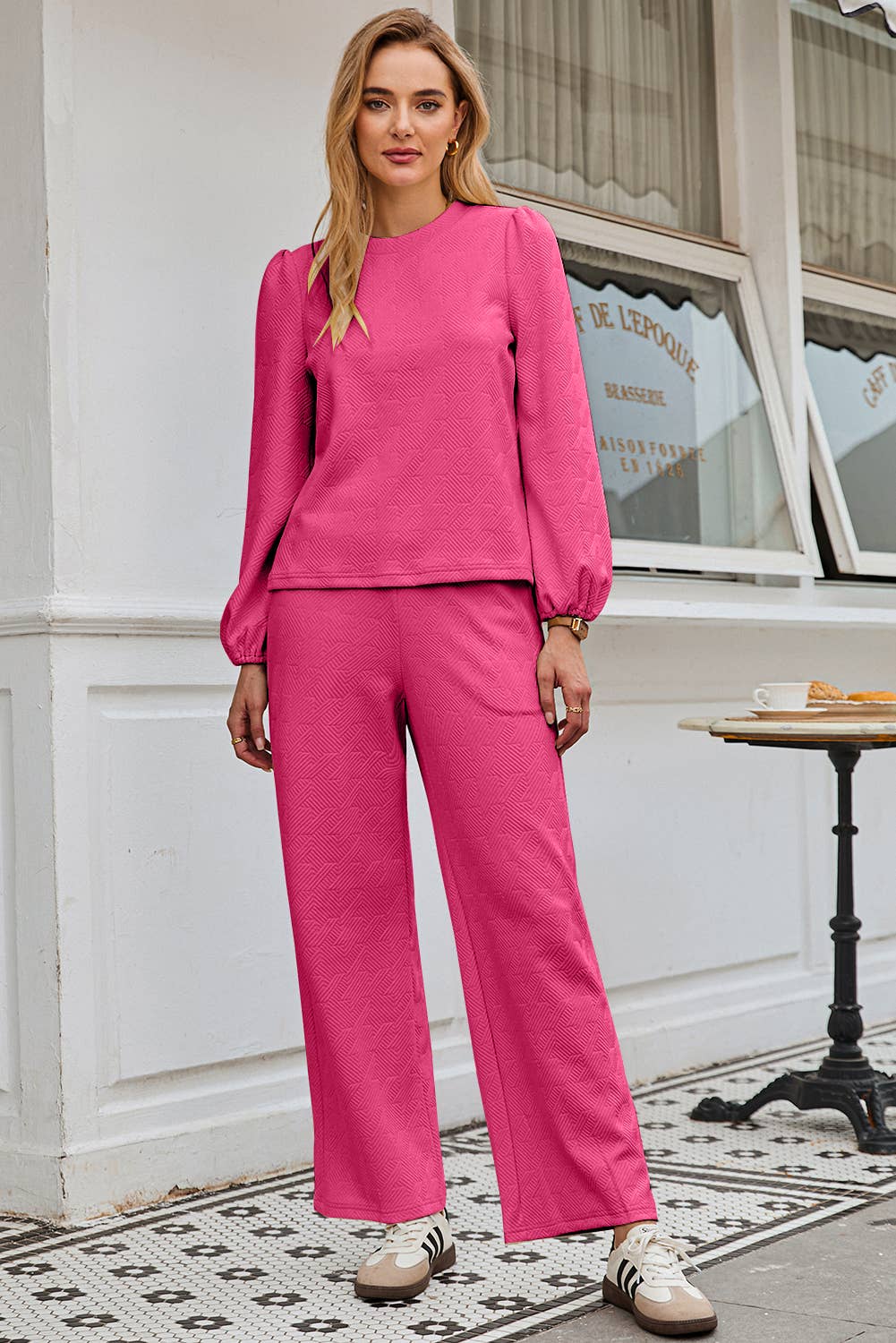 Women Textured Long Sleeve Top and Pants Set  Pink